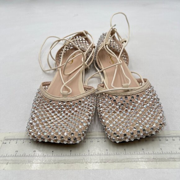 XYD Beige Square Toe Studded Flats Sandals Mesh D'Orsay Ankle Strap Slip On Shoe - Picture 3 of 8